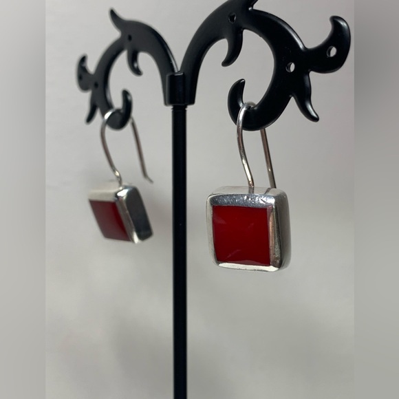 Silpada Rare HTF Sterling Silver & Red Stone Square French Wire Drop Earrings - Picture 3 of 12